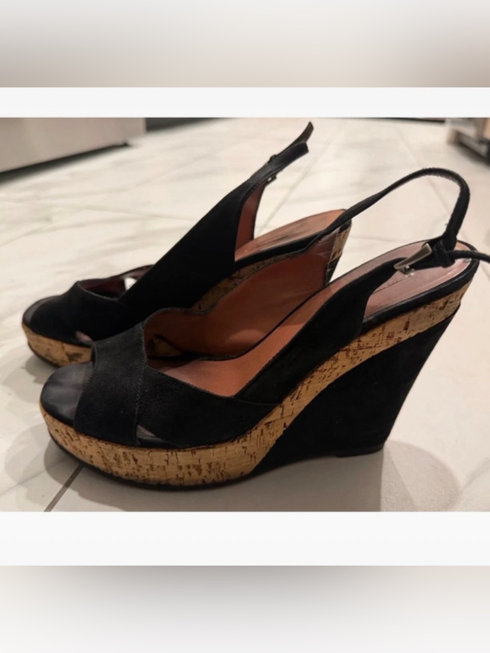 Alaia Black Cork Wedge Slingback Sandals